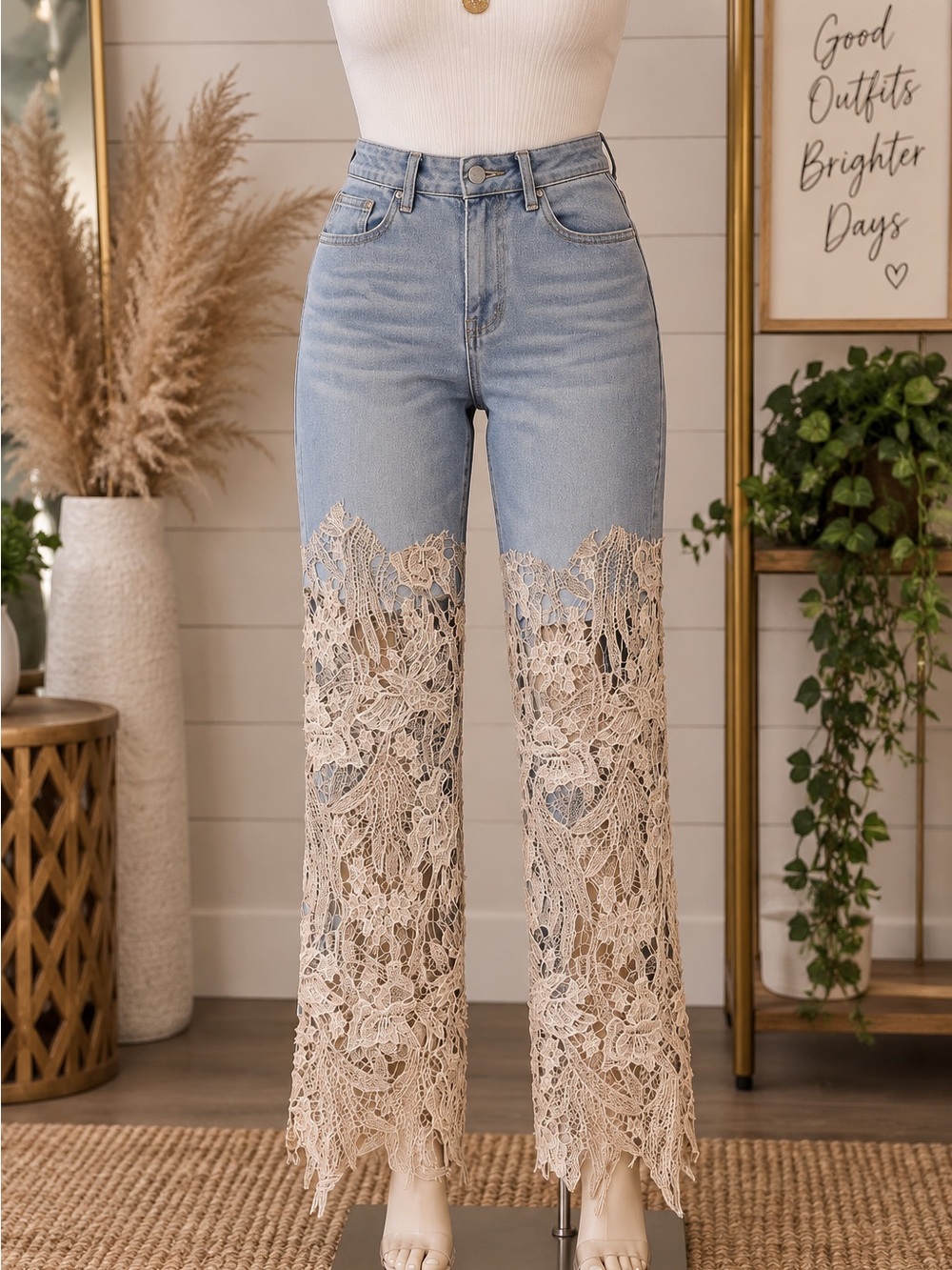 High-Waist Light Blue Lace-Panel Cropped Jeans